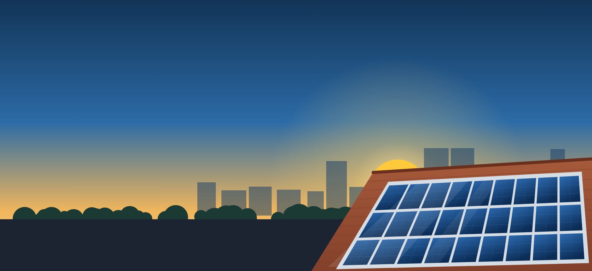Ilustração de placas solares sobre um telhado de cerâmica ao entardecer, com prédios de Goiânia ao fundo