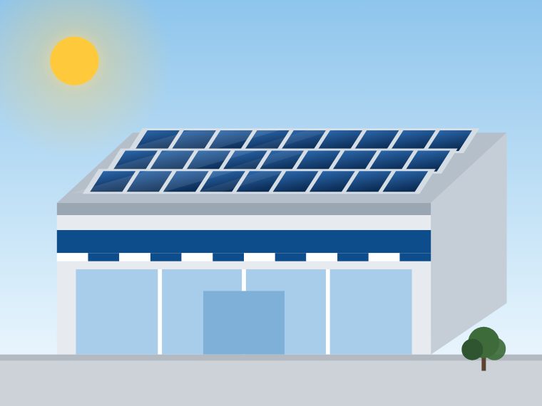 Ilustração de loja com fachada de vidro e fileiras de módulos fotovoltaicos na laje