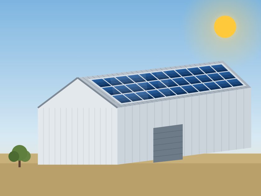 Ilustração de galpão industrial com telhado metálico coberto por usina solar