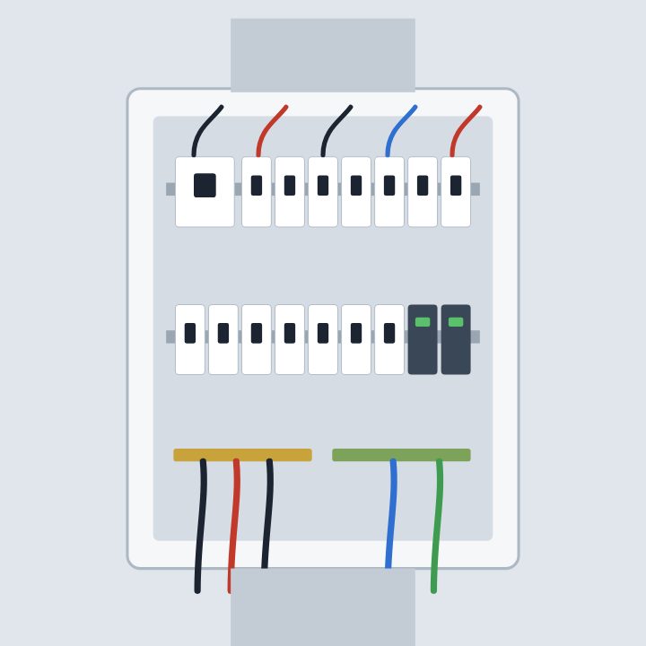Ilustração de quadro de distribuição com disjuntores, DPS e barramento de aterramento