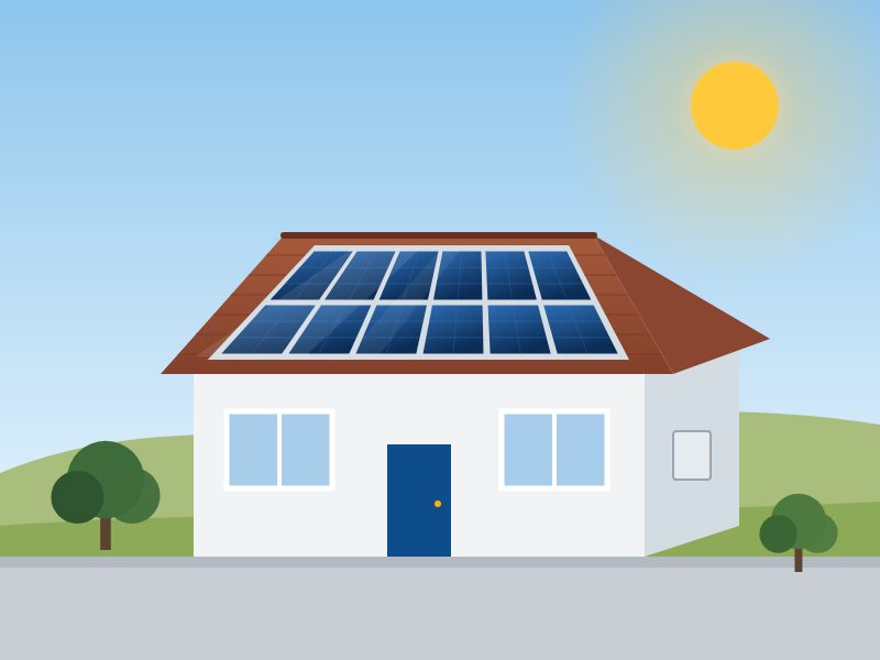 Ilustração de casa térrea com painéis solares no telhado e inversor na parede lateral