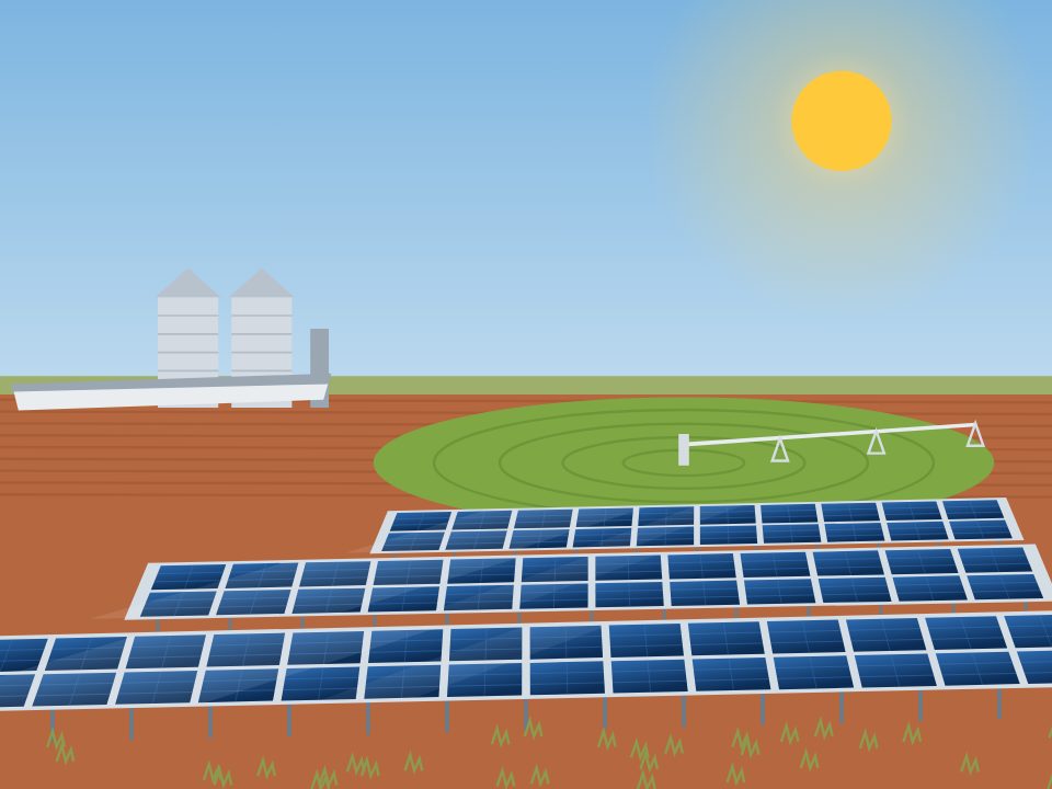 Ilustração de fazenda no cerrado com usina solar em solo, pivô central de irrigação e silos de grãos