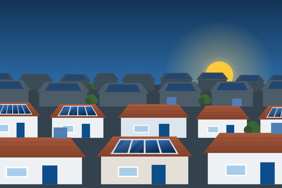 Ilustração de bairro residencial de Aparecida de Goiânia com várias casas usando energia solar